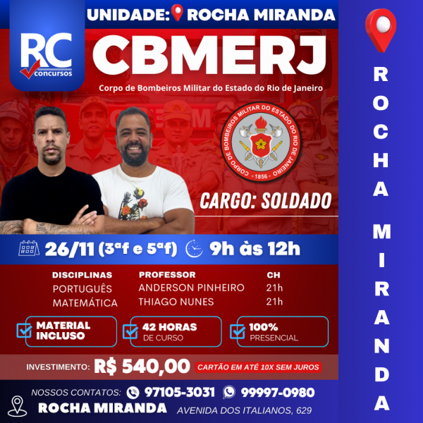 BOMBEIROS - SOLDADO | MANHÃ (ROCHA MIRANDA)  - UNIDADE ROCHA MIRANDA - PRESENCIAL